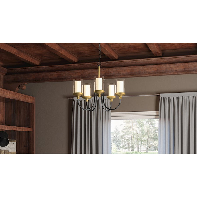 Quoizel Rowland 5 Light Chandelier, Matte Black/Clear/Sandblasted