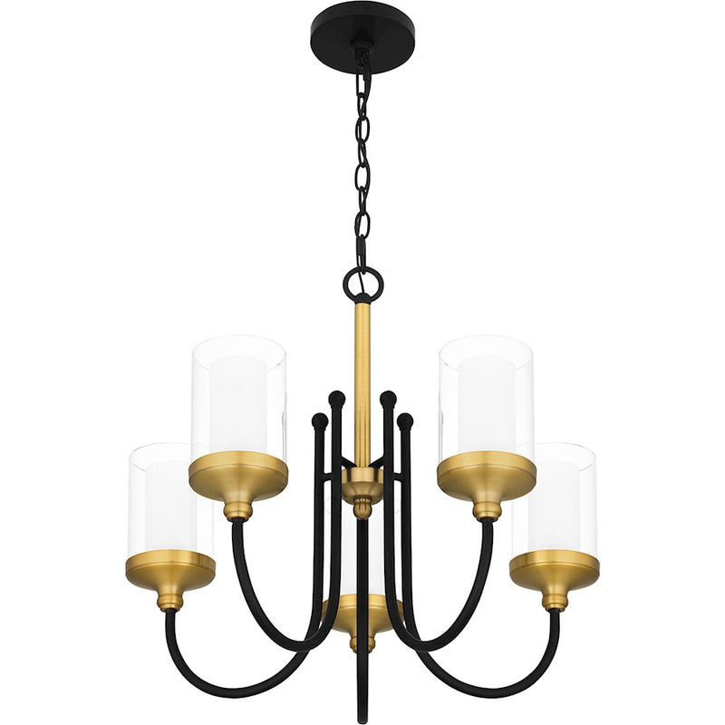 Quoizel Rowland 5 Light Chandelier, Matte Black/Clear/Sandblasted