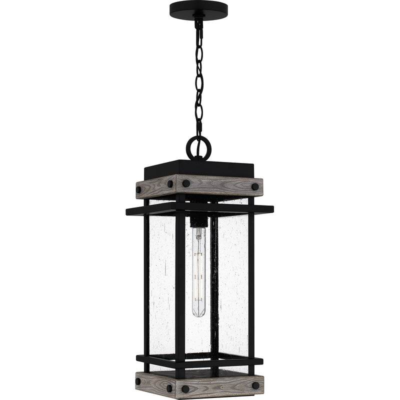 Quoizel Strader 10in 1-Light Mini Pendant | Farmhouse Matte Black and Clear Seedy Glass | Kitchen Island & Dining Room | Model SAD1509MBK