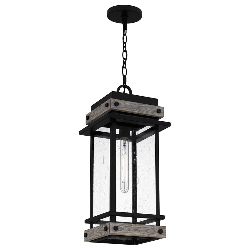 Quoizel Strader 10in 1-Light Mini Pendant | Farmhouse Matte Black and Clear Seedy Glass | Kitchen Island & Dining Room | Model SAD1509MBK