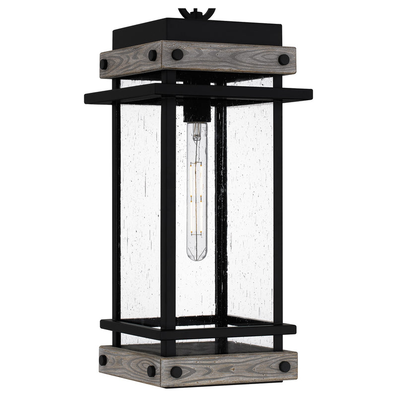 Quoizel Strader 10in 1-Light Mini Pendant | Farmhouse Matte Black and Clear Seedy Glass | Kitchen Island & Dining Room | Model SAD1509MBK