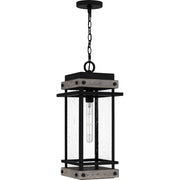 Quoizel Strader 10in 1-Light Outdoor Hanging Lantern | Farmhouse Matte Black and Clear Seedy Glass | Front Porch & Covered Patio | Model SAD1909MBK