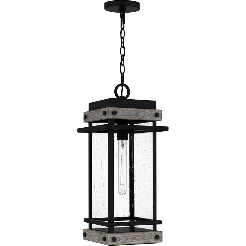 Quoizel Strader 10in 1-Light Outdoor Hanging Lantern | Farmhouse Matte Black and Clear Seedy Glass | Front Porch & Covered Patio | Model SAD1909MBK