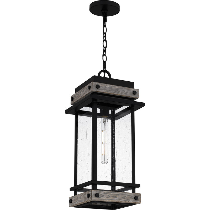 Quoizel Strader 10in 1-Light Outdoor Hanging Lantern | Farmhouse Matte Black and Clear Seedy Glass | Front Porch & Covered Patio | Model SAD1909MBK