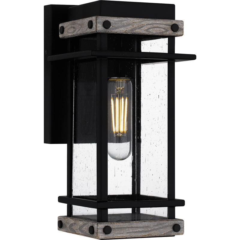 Quoizel Strader 11in 1-Light Outdoor Wall Lantern | Farmhouse Matte Black and Clear Seedy Glass | Front Porch & Entryway | Model SAD8405MBK