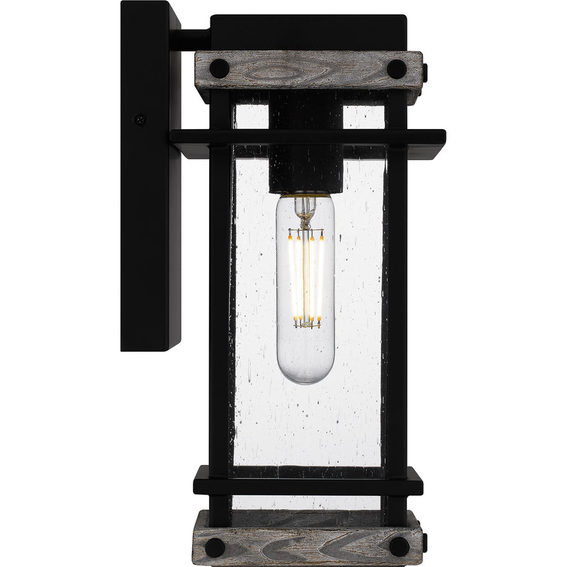 Quoizel Strader 11in 1-Light Outdoor Wall Lantern | Farmhouse Matte Black and Clear Seedy Glass | Front Porch & Entryway | Model SAD8405MBK