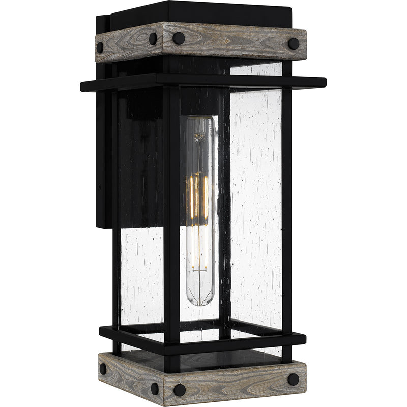 Quoizel Strader 8in 1-Light Outdoor Wall Lantern | Farmhouse Matte Black and Clear Seedy Glass | Front Porch & Entryway | Model SAD8407MBK