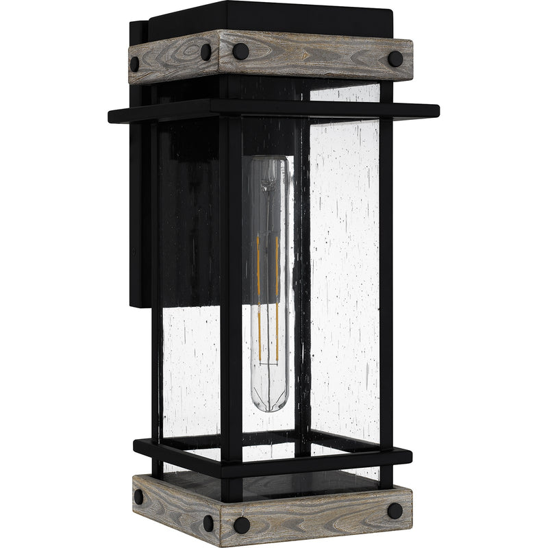 Quoizel Strader 8in 1-Light Outdoor Wall Lantern | Farmhouse Matte Black and Clear Seedy Glass | Front Porch & Entryway | Model SAD8407MBK