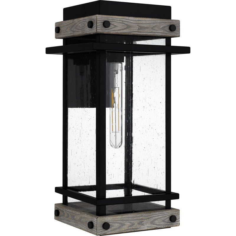 Quoizel Strader 10in 1-Light Outdoor Wall Lantern | Farmhouse Matte Black and Clear Seedy Glass | Front Porch & Entryway | Model SAD8409MBK