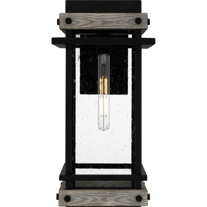 Quoizel Strader 10in 1-Light Outdoor Wall Lantern | Farmhouse Matte Black and Clear Seedy Glass | Front Porch & Entryway | Model SAD8409MBK