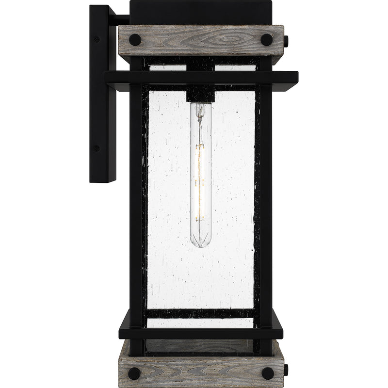 Quoizel Strader 10in 1-Light Outdoor Wall Lantern | Farmhouse Matte Black and Clear Seedy Glass | Front Porch & Entryway | Model SAD8409MBK