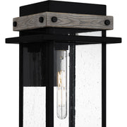 Quoizel Strader 10in 1-Light Outdoor Wall Lantern | Farmhouse Matte Black and Clear Seedy Glass | Front Porch & Entryway | Model SAD8409MBK
