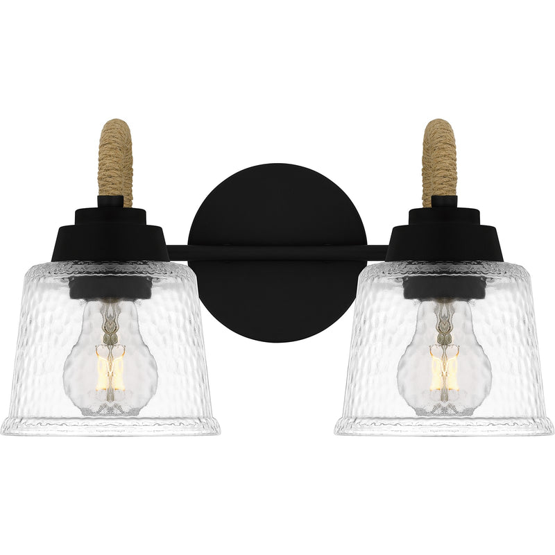 Quoizel Seabreeze 14.5in 2-Light Vanity Light | Coastal Matte Black and Clear Hammered Glass | Bathroom Vanity | Model SEB8614MBK