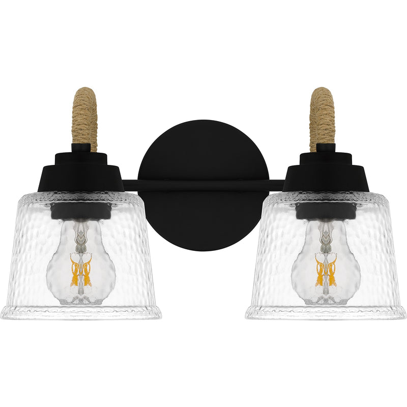 Quoizel Seabreeze 14.5in 2-Light Vanity Light | Coastal Matte Black and Clear Hammered Glass | Bathroom Vanity | Model SEB8614MBK