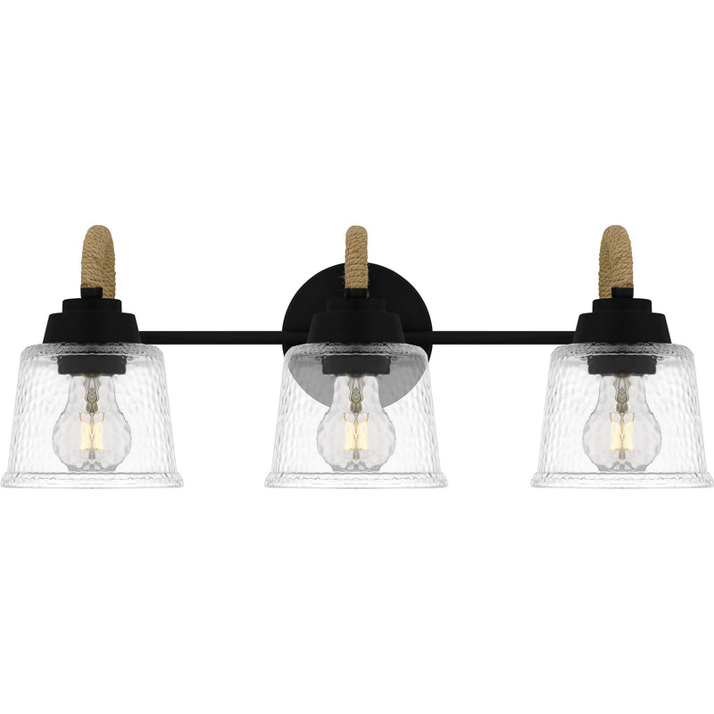 Quoizel Seabreeze 22.5in 3-Light Vanity Light | Coastal Matte Black and Clear Hammered Glass | Bathroom Vanity | Model SEB8622MBK