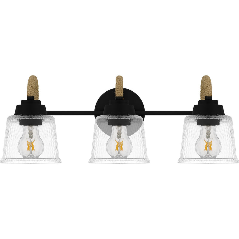 Quoizel Seabreeze 22.5in 3-Light Vanity Light | Coastal Matte Black and Clear Hammered Glass | Bathroom Vanity | Model SEB8622MBK