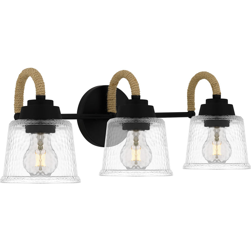 Quoizel Seabreeze 22.5in 3-Light Vanity Light | Coastal Matte Black and Clear Hammered Glass | Bathroom Vanity | Model SEB8622MBK