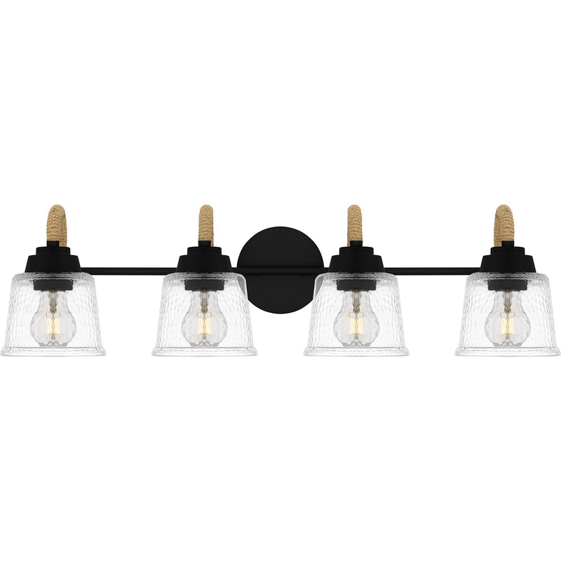 Quoizel Seabreeze 31in 4-Light Vanity Light | Coastal Matte Black and Clear Hammered Glass | Bathroom Vanity | 31 x 7.75 x 8.25 in | Model SEB8631MBK