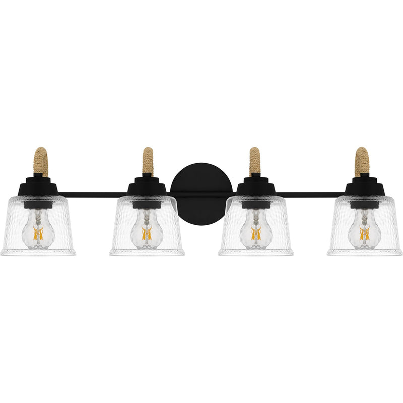 Quoizel Seabreeze 31in 4-Light Vanity Light | Coastal Matte Black and Clear Hammered Glass | Bathroom Vanity | 31 x 7.75 x 8.25 in | Model SEB8631MBK