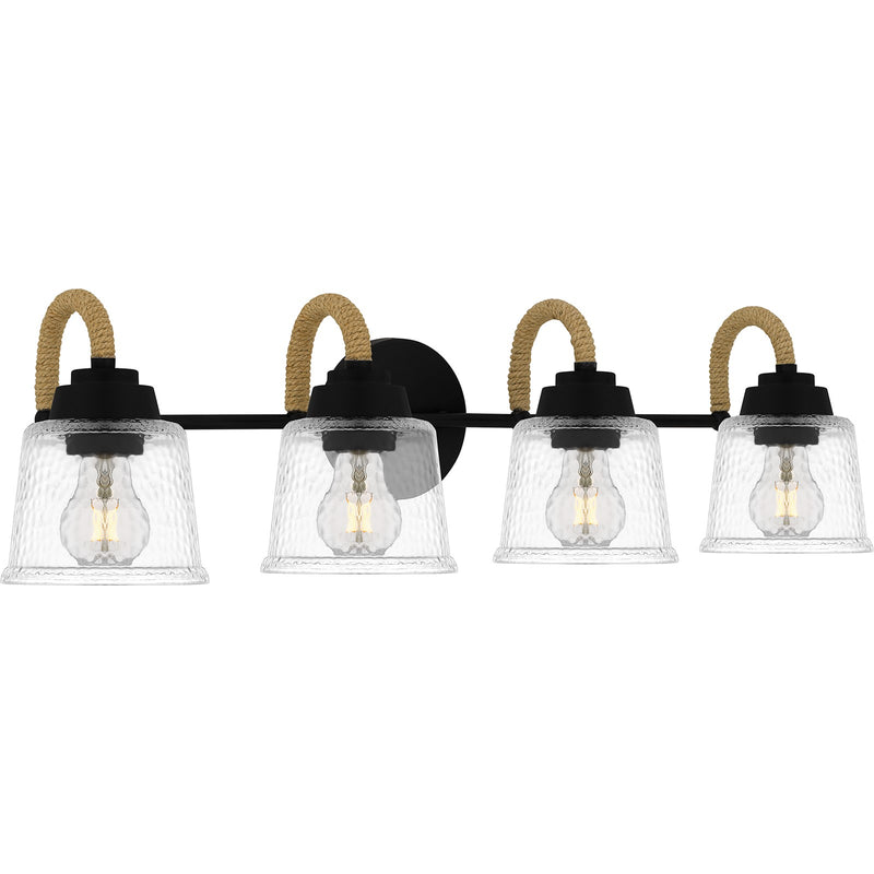 Quoizel Seabreeze 31in 4-Light Vanity Light | Coastal Matte Black and Clear Hammered Glass | Bathroom Vanity | 31 x 7.75 x 8.25 in | Model SEB8631MBK