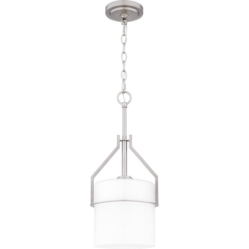 Quoizel Seymour 8.5in 1-Light Mini Pendant | Transitional Brushed Nickel and Opal Etched Ribbed Glass | Kitchen Island & Dining | Model SEY1508BN