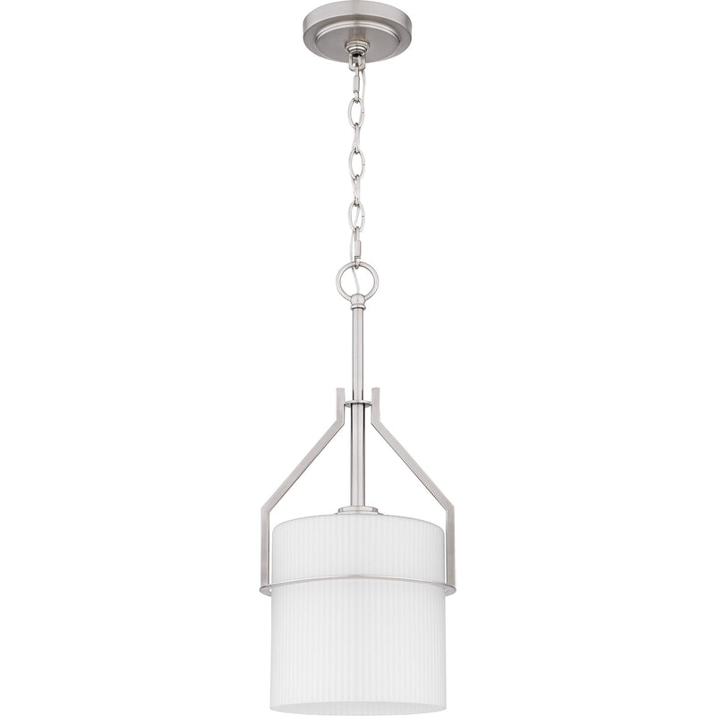 Quoizel Seymour 8.5in 1-Light Mini Pendant | Transitional Brushed Nickel and Opal Etched Ribbed Glass | Kitchen Island & Dining | Model SEY1508BN