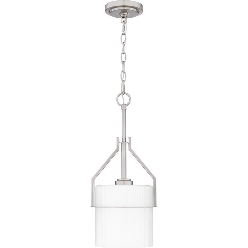 Quoizel Seymour 8.5in 1-Light Mini Pendant | Transitional Brushed Nickel and Opal Etched Ribbed Glass | Kitchen Island & Dining | Model SEY1508BN