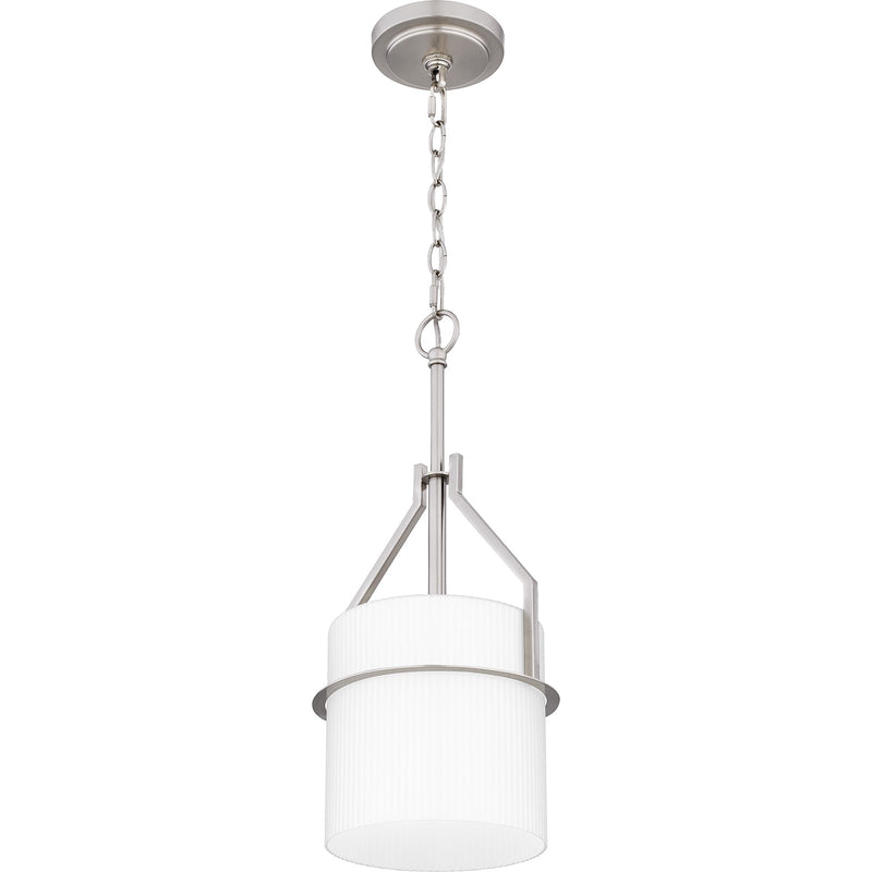 Quoizel Seymour 8.5in 1-Light Mini Pendant | Transitional Brushed Nickel and Opal Etched Ribbed Glass | Kitchen Island & Dining | Model SEY1508BN