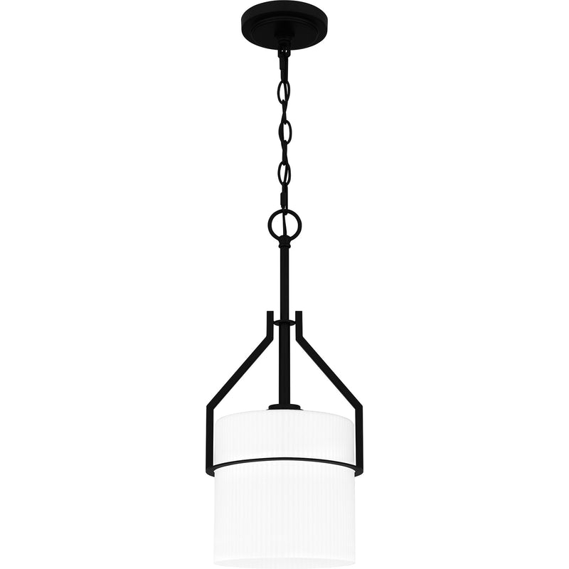 Quoizel Seymour 8.5in 1-Light Mini Pendant | Transitional Matte Black and Opal Etched Ribbed Glass | Kitchen Island & Dining Room | Model SEY1508MBK