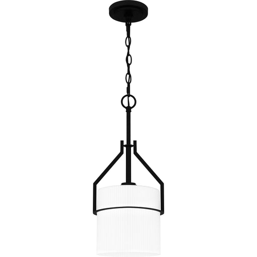 Quoizel Seymour 8.5in 1-Light Mini Pendant | Transitional Matte Black and Opal Etched Ribbed Glass | Kitchen Island & Dining Room | Model SEY1508MBK