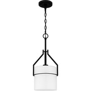 Quoizel Seymour 8.5in 1-Light Mini Pendant | Transitional Matte Black and Opal Etched Ribbed Glass | Kitchen Island & Dining Room | Model SEY1508MBK
