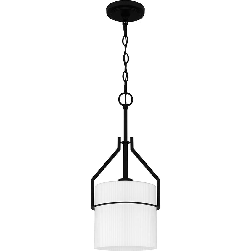 Quoizel Seymour 8.5in 1-Light Mini Pendant | Transitional Matte Black and Opal Etched Ribbed Glass | Kitchen Island & Dining Room | Model SEY1508MBK