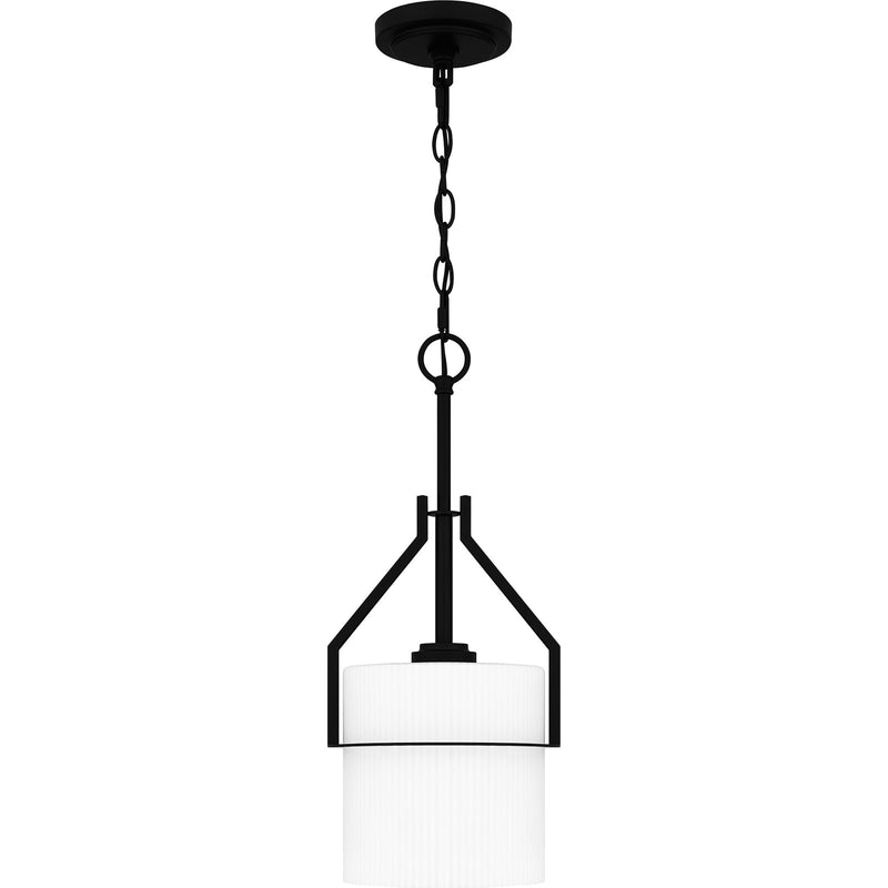 Quoizel Seymour 8.5in 1-Light Mini Pendant | Transitional Matte Black and Opal Etched Ribbed Glass | Kitchen Island & Dining Room | Model SEY1508MBK