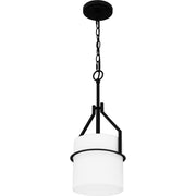 Quoizel Seymour 8.5in 1-Light Mini Pendant | Transitional Matte Black and Opal Etched Ribbed Glass | Kitchen Island & Dining Room | Model SEY1508MBK