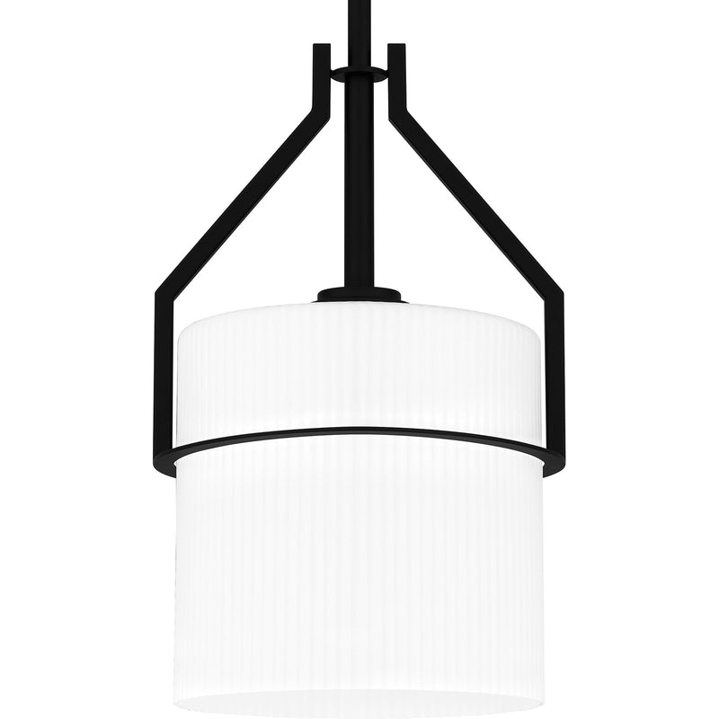 Quoizel Seymour 8.5in 1-Light Mini Pendant | Transitional Matte Black and Opal Etched Ribbed Glass | Kitchen Island & Dining Room | Model SEY1508MBK