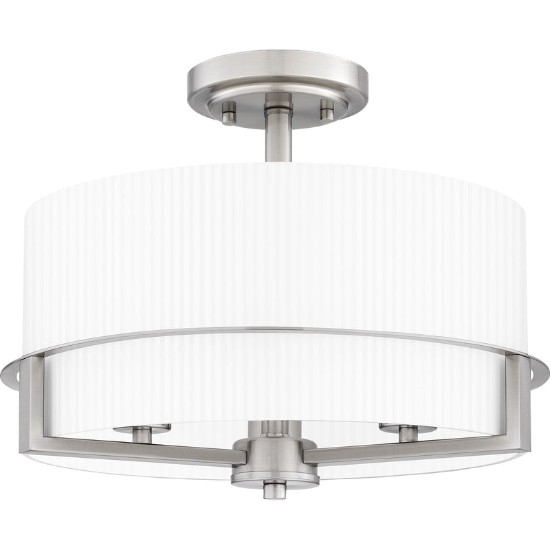 Quoizel Seymour 15in 3-Light Semi-Flush Mount | Transitional Brushed Nickel and Opal Etched Ribbed Glass | Bedroom & Hallway | Model SEY1715BN