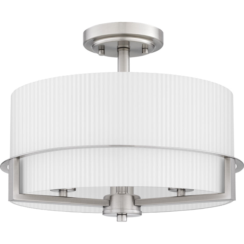 Quoizel Seymour 15in 3-Light Semi-Flush Mount | Transitional Brushed Nickel and Opal Etched Ribbed Glass | Bedroom & Hallway | Model SEY1715BN