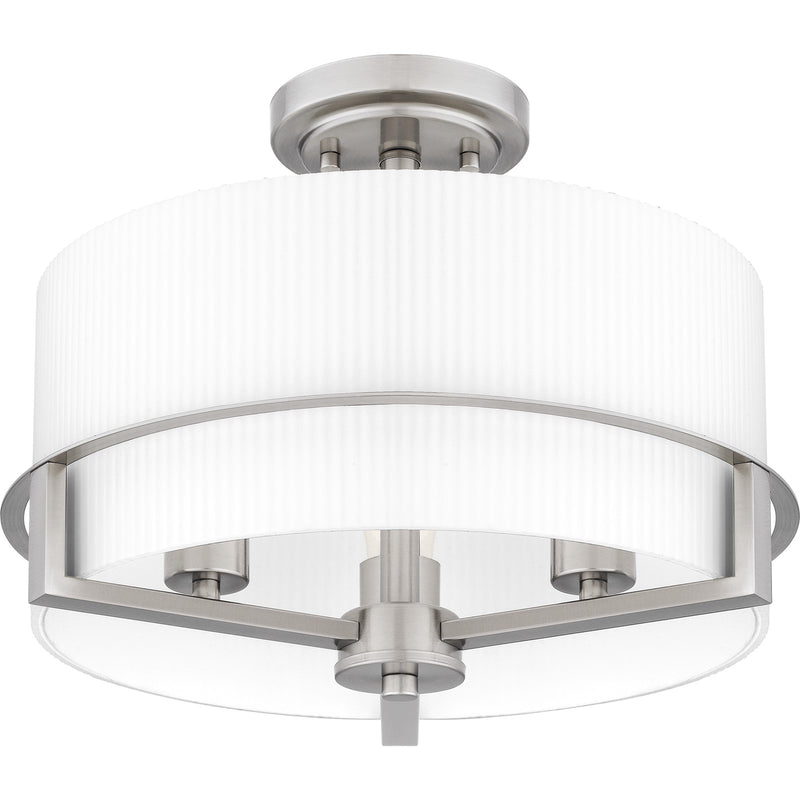 Quoizel Seymour 15in 3-Light Semi-Flush Mount | Transitional Brushed Nickel and Opal Etched Ribbed Glass | Bedroom & Hallway | Model SEY1715BN