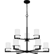 Quoizel Seymour 32in 9-Light Chandelier | Transitional Matte Black and Opal Etched Glass | Dining Room & Foyer | Model SEY5032MBK