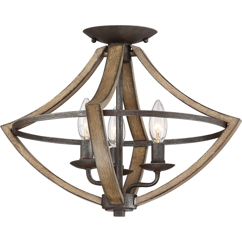 Quoizel Shire 16in 3-Light Semi-Flush Mount | Rustic Black Steel Faux Wood Frame | Bedroom & Hallway Accent Light | Model SHR1716RK