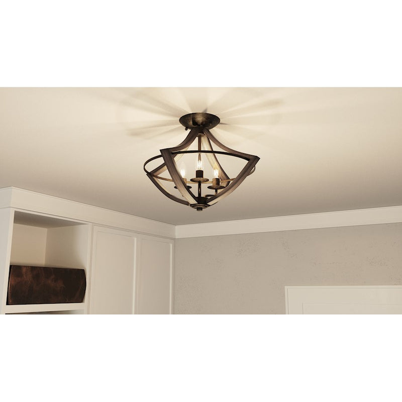Quoizel Shire 16in 3-Light Semi-Flush Mount | Rustic Black Steel Faux Wood Frame | Bedroom & Hallway Accent Light | Model SHR1716RK