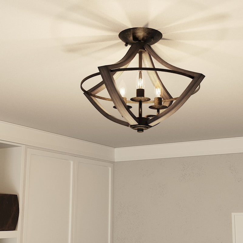 Quoizel Shire 16in 3-Light Semi-Flush Mount | Rustic Black Steel Faux Wood Frame | Bedroom & Hallway Accent Light | Model SHR1716RK