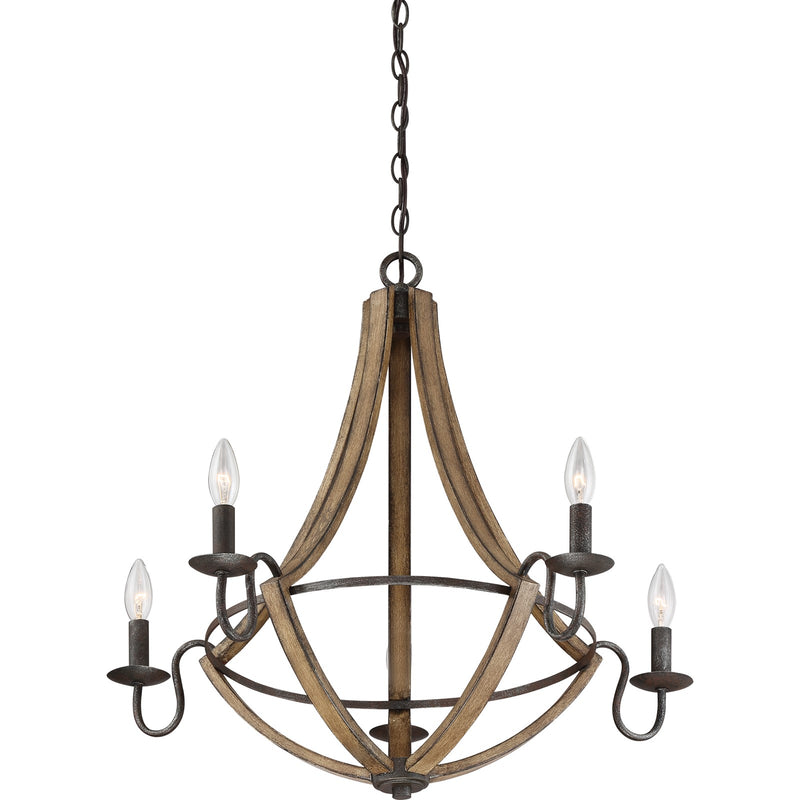 Quoizel Shire 26in 5-Light Chandelier | Rustic Black Steel Faux Wood Frame | Dining Room & Foyer | 26.5 x 26.5 x 25 in | Model SHR5005RK