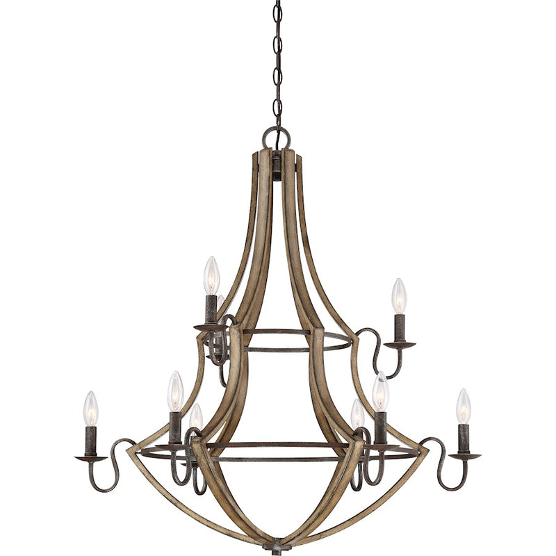 Quoizel Shire 32in 9-Light Chandelier | Rustic Black Steel and Faux Wood Frame | Dining Room & Foyer | 32.5 x 32.5 x 34.75 in | Model SHR5009RK