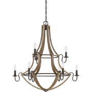 Quoizel Shire 32in 9-Light Chandelier | Rustic Black Steel and Faux Wood Frame | Dining Room & Foyer | 32.5 x 32.5 x 34.75 in | Model SHR5009RK
