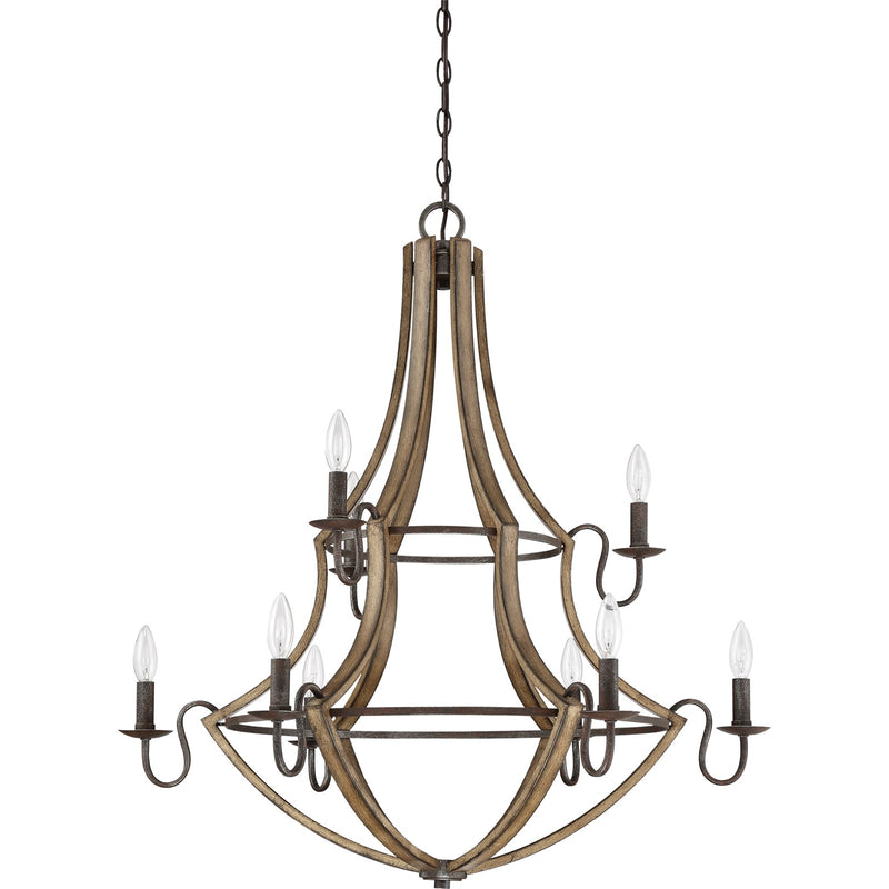 Quoizel Shire 32in 9-Light Chandelier | Rustic Black Steel and Faux Wood Frame | Dining Room & Foyer | 32.5 x 32.5 x 34.75 in | Model SHR5009RK