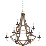 Quoizel Shire 32in 9-Light Chandelier | Rustic Black Steel and Faux Wood Frame | Dining Room & Foyer | 32.5 x 32.5 x 34.75 in | Model SHR5009RK