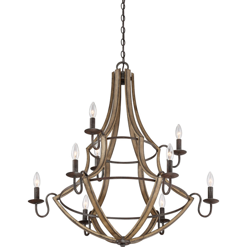 Quoizel Shire 32in 9-Light Chandelier | Rustic Black Steel and Faux Wood Frame | Dining Room & Foyer | 32.5 x 32.5 x 34.75 in | Model SHR5009RK
