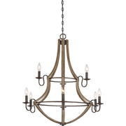 Quoizel Shire 32in 9-Light Chandelier | Rustic Black Steel and Faux Wood Frame | Dining Room & Foyer | 32.5 x 32.5 x 34.75 in | Model SHR5009RK