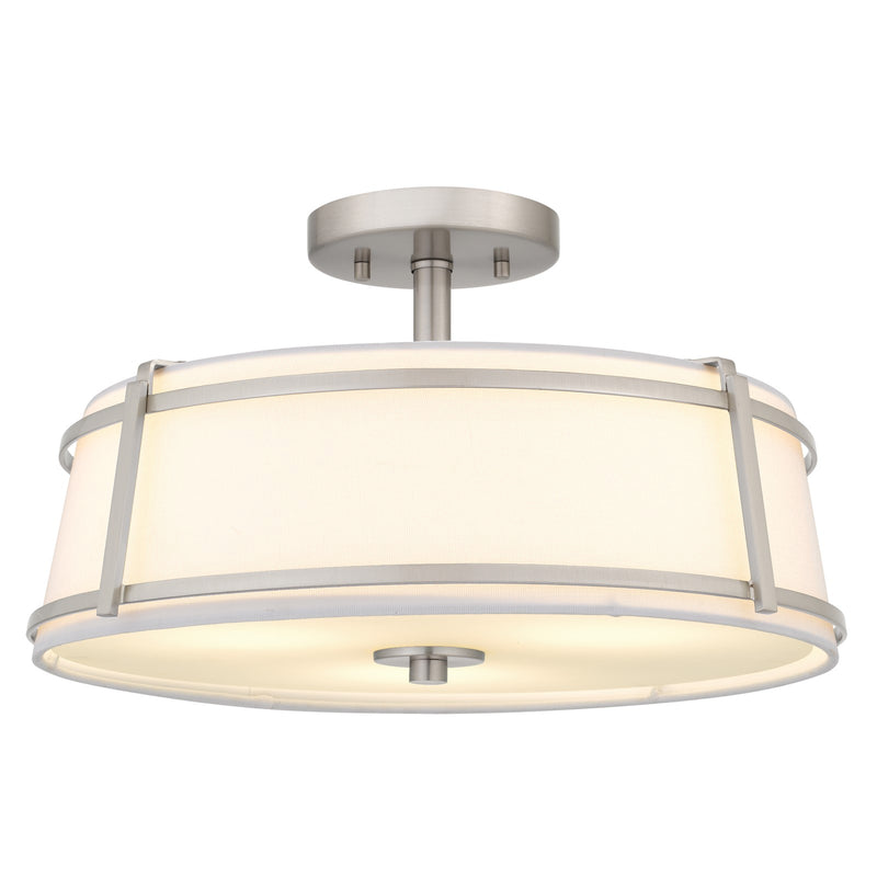 Quoizel Sloane 16in 3-Light Semi-Flush Mount | Brushed Nickel Steel and White Fabric Shade | Bedroom & Hallway | 16 x 16 x 9.25 in | Model SLN1716BN